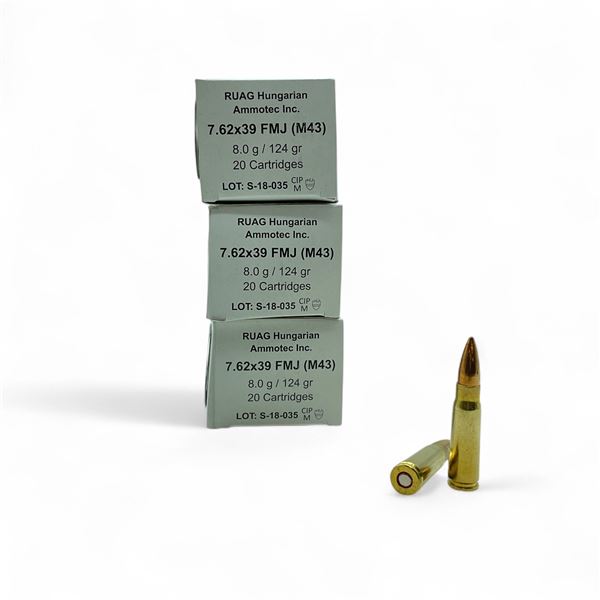 RUAG Hungarian Ammotec 7.62x39, 124 Grain FMJ Ammunition, 60 Rounds