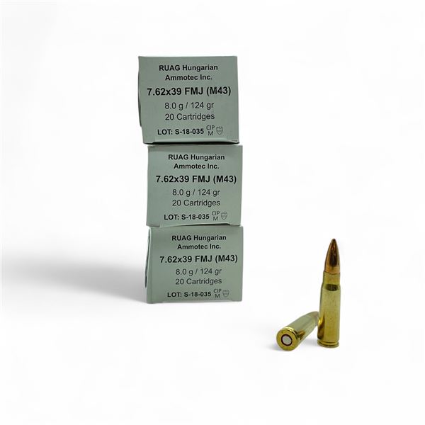RUAG Hungarian Ammotec 7.62x39, 124 Grain FMJ Ammunition, 60 Rounds