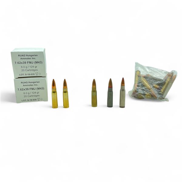 RUAG Hungarian Ammotec 7.62x39, 124 Grain FMJ Ammunition and Assorted 7.62x39 Ammunition, 62 Rounds