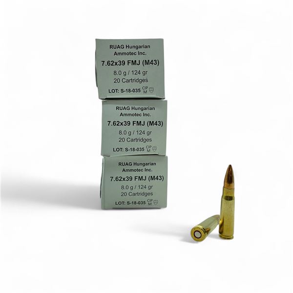 RUAG Hungarian Ammotec 7.62x39, 124 Grain FMJ Ammunition, 60 Rounds