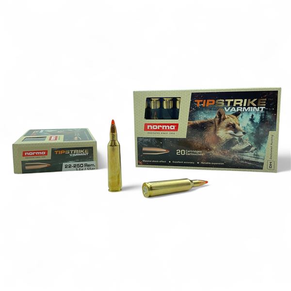 Norma Tip Strike Varmint 22-250 Rem, 55 Grain Ammunition, 40 Rounds