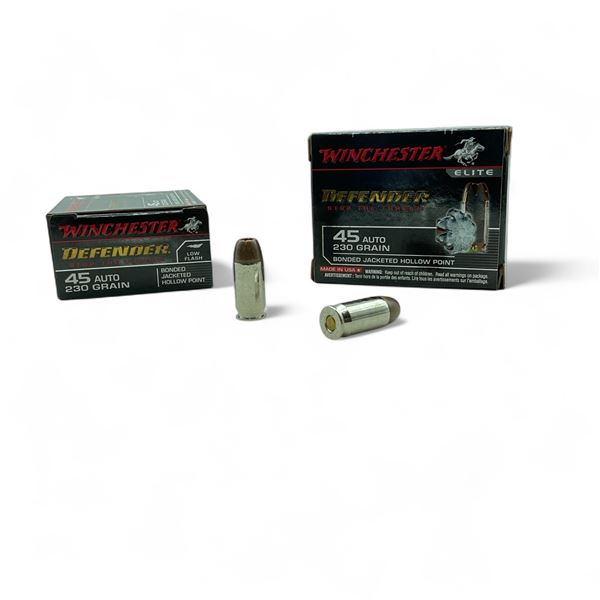 Winchester Defender Low Flash 45 Auto, 230 Grain Bonded Jacketed Hollow Point Ammunition, 40 Rounds