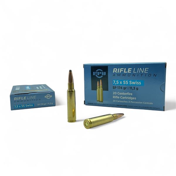 PPU 7.5x55 Swiss, 174 Grain SP Ammunition, 40 Rounds