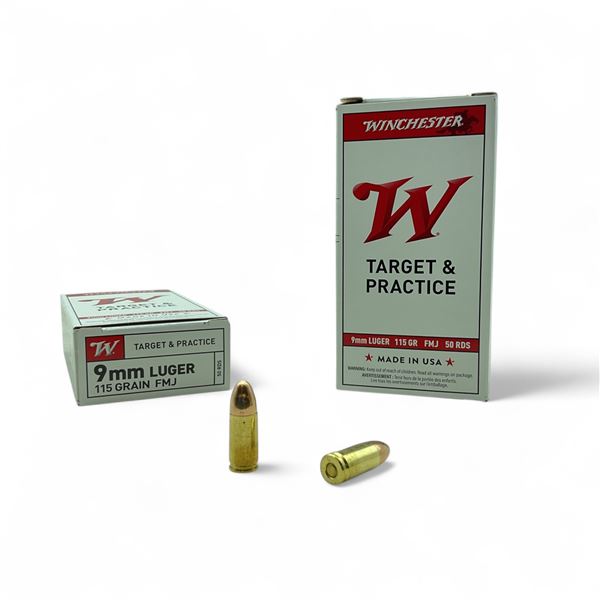 Winchester Target & Practice 9mm Luger, 115 Grain FMJ Ammunition, 100 Rounds