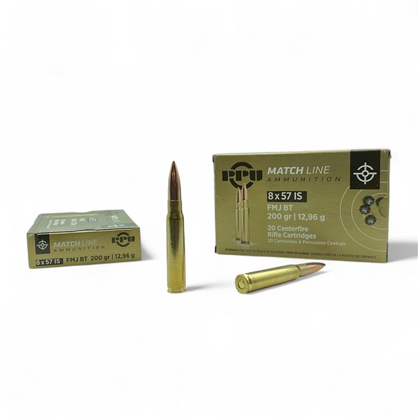 PPU Match Line 8x57 IS, 200 Grain FMJ BT Ammunition, 40 Rounds