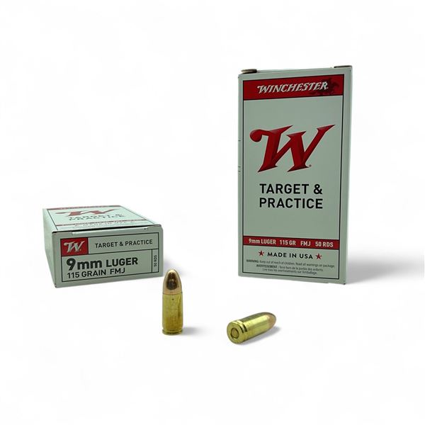 Winchester Target & Practice 9mm Luger, 115 Grain FMJ Ammunition, 100 Rounds