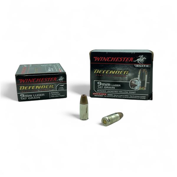 Winchester Defender Low Flash 9mm Luger, 147 Grain Bonded Jacketed Hollow Point Ammunition, 40 Round