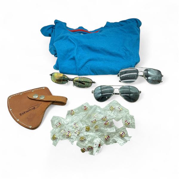 Mountain Ridge T-Shirt, Size: XL, Estwing #5 Axe Sheath, Assorted Sunglasses and Canadian Flag Pins