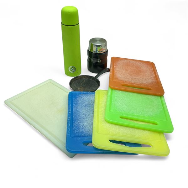 Thermos Food Container, McKinley Drink Thermos, Small Cast Iron Pan and Assorted Cutting Boards