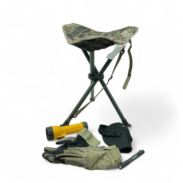 Timber Ridge Tri-Fold Chair, Soft Pistol Holster, Cabela's Gloves and Rayovac Industrial Flashlight