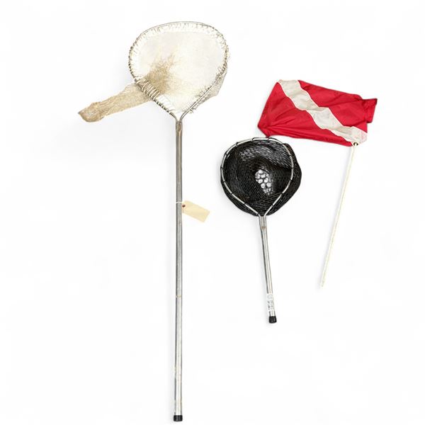 Diver Down Flag, 72" Long Handle Fishing Net and 31" Short Handle Fishing Net