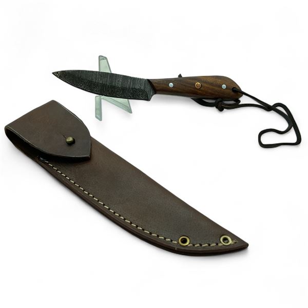 4" Fixed Damascus Blade Knife with Wood Handle and Leather Sheath