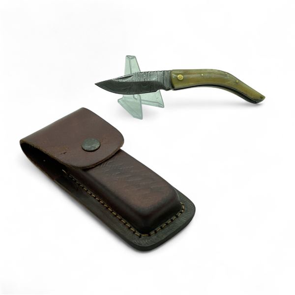 Folding 2.5" Damascus Blade Knife with Leather Sheath
