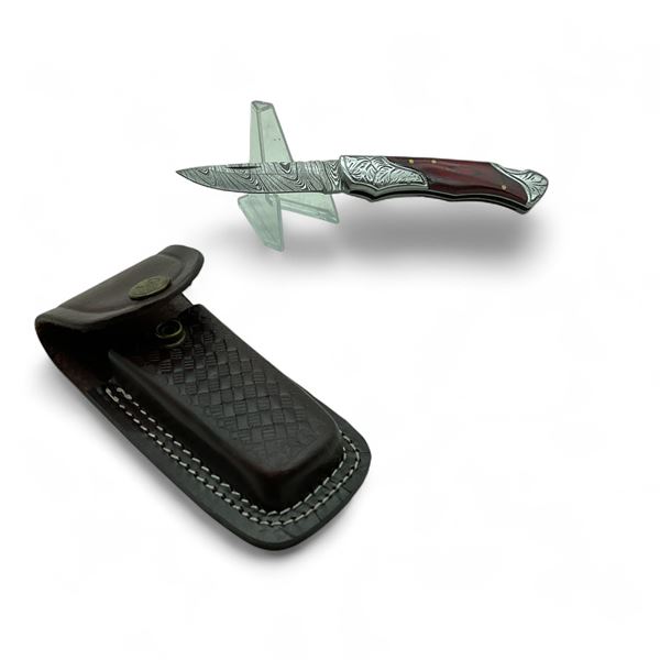 Folding Damascus 2.75" Blade Knife with Leather Sheath