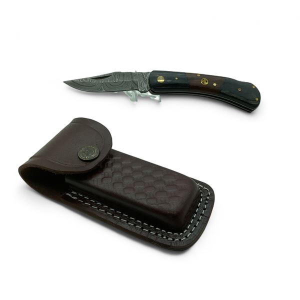 Folding Damascus 2.75" Blade Knife with Leather Sheath