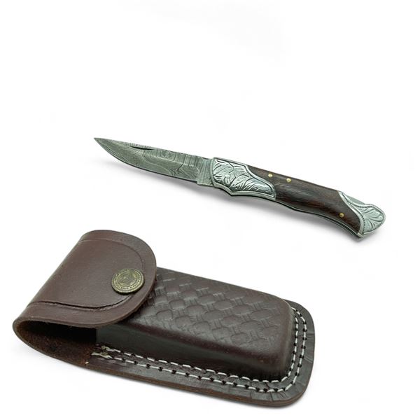 Folding 2.5" Damascus Blade Knife with Leather Sheath