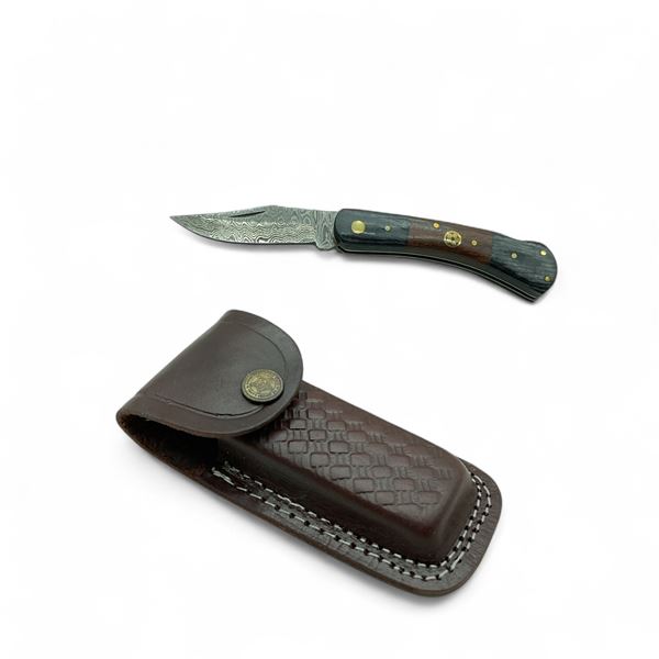 Folding 2.75" Damascus Blade Knife with Leather Sheath