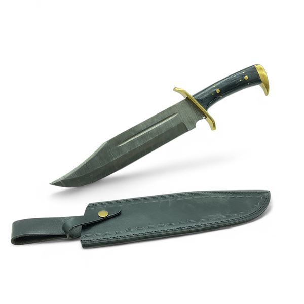 Fixed 10" Damascus Blade Bowie Knife with Leather Sheath