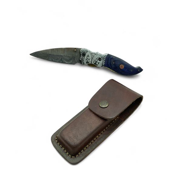 Folding 3.25" Damascus Blade Knife with Leather Sheath