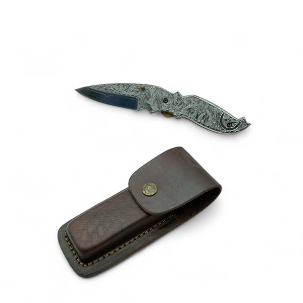 Folding 3" Damascus Blade Knife with Leather Sheath