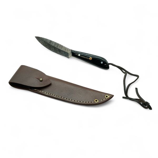 Fixed 4" Damascus Blade Knife with Leather Sheath