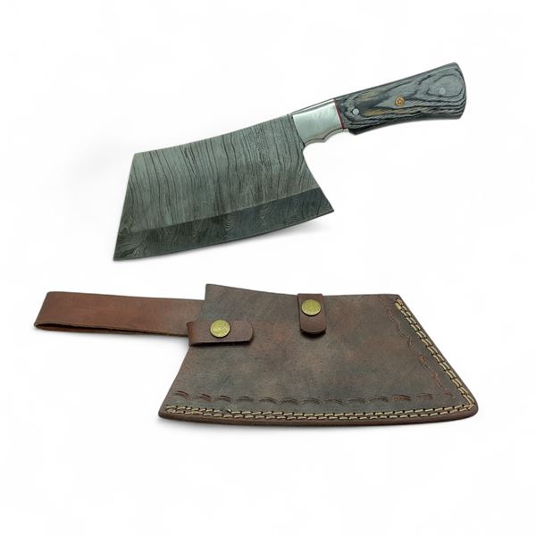 Fixed 7.5" Damascus Blade Cleaver Knife with Leather Sheath