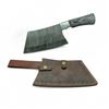 Image 1 : Fixed 7.5" Damascus Blade Cleaver Knife with Leather Sheath