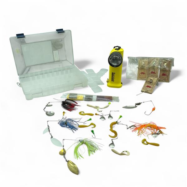 Fishing Box With Tackle, Streamlight Survivor Flashlight and Mouse Traps