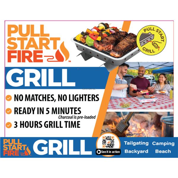 Pull Start Fire Grill with Pre Loaded Charcoal, New