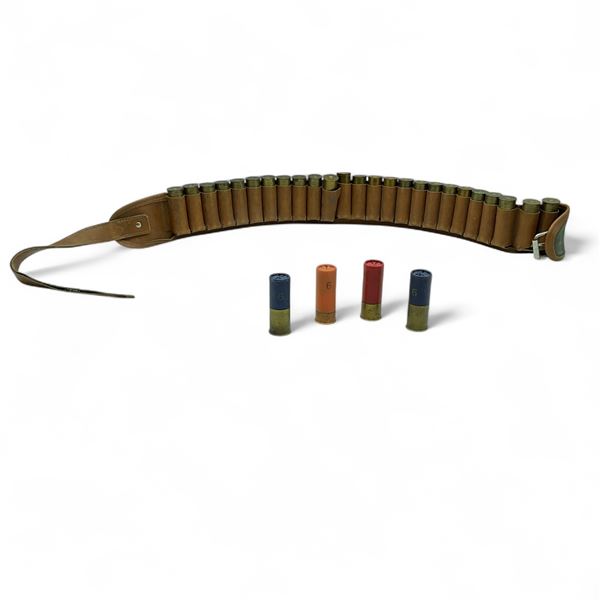 Assorted 12 Ga Ammunition, Approximately 29 Rounds and Leather Bandolier