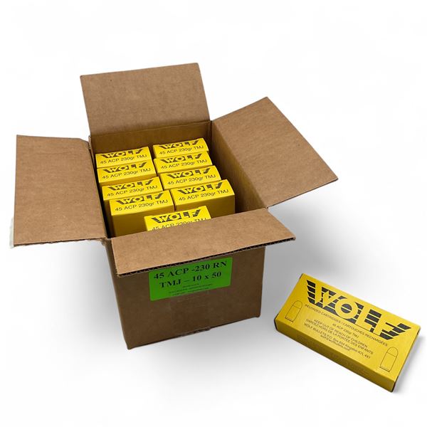 Wolf 45 ACP 230 Grain RN  TMJ Ammunition, 500 Round Case