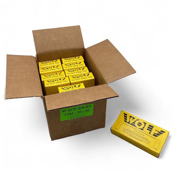 Wolf 45 ACP 230 Grain RN  TMJ Ammunition, 500 Round Case