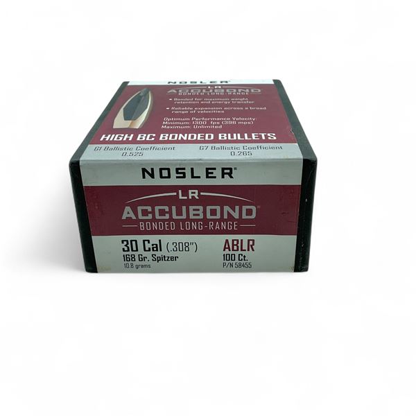 Nosler LR Accubond Bonded Long Range 30 Cal (.308") 168 Grain Spitzer Projectile, 100 Quantity