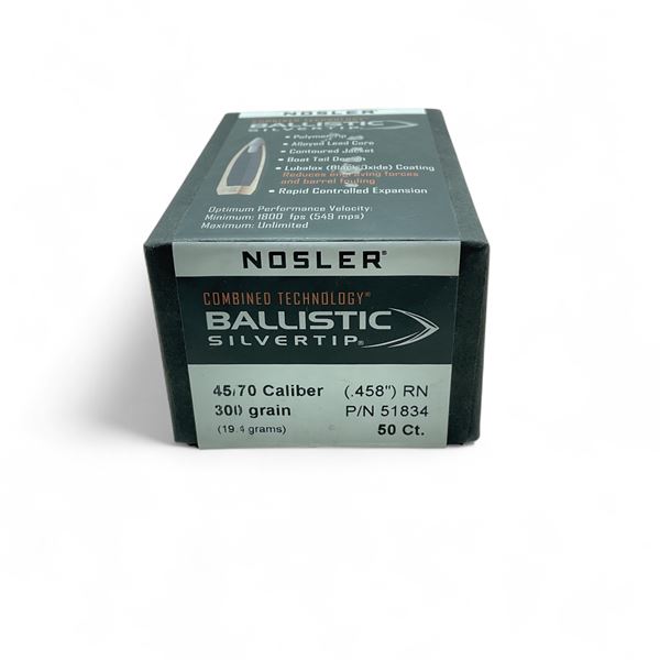 Nosler Ballistic Silvertip 45/70 Caliber (.458") 300 Grain RN Projectile, 50 Quantity