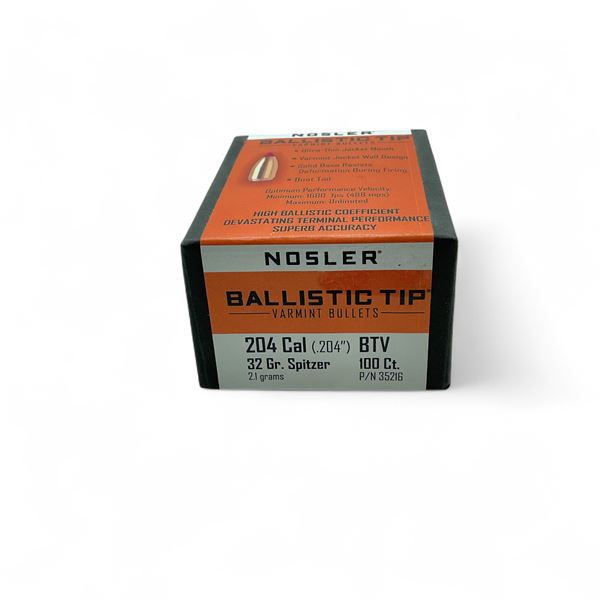 Nosler Ballistic Tip Varmint 204 Cal (.204") 32 Grain Spitzer BTV Projectile, 100 Quantity