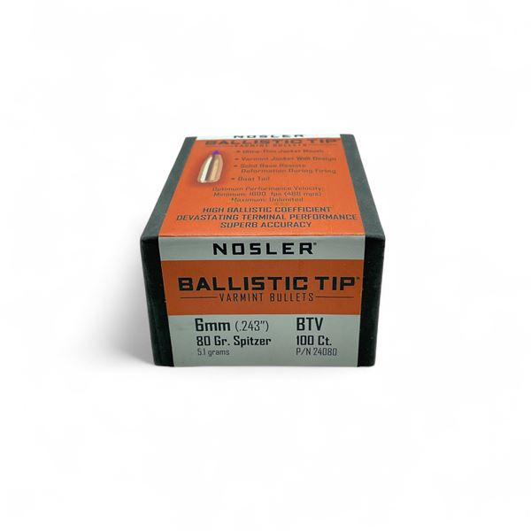 Nosler Ballistic Tip Varmint 6mm (.243") 80 Grain Spitzer BTV Projectile, 100 Quantity
