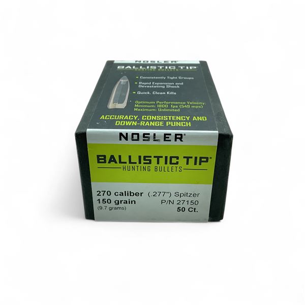 Nosler Ballistic Tip Hunting 270 Cal (.277") 150 Grain Spitzer Projectile, 50 Quantity