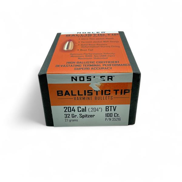 Nosler Ballistic Tip Varmint 204 Cal (.204") 32 Grain Spitzer BTV Projectile, 100 Quantity