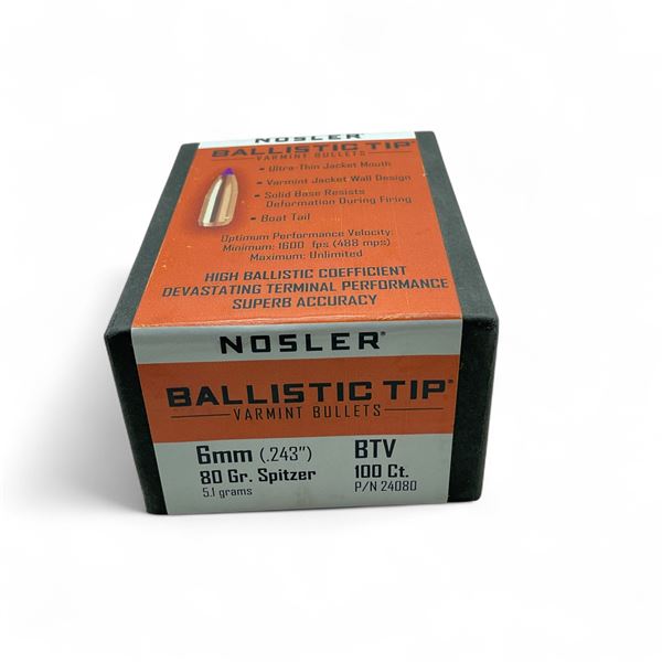 Nosler Ballistic Tip Varmint 6mm (.243") 80 Grain Spitzer BTV Projectile, 100 Quantity