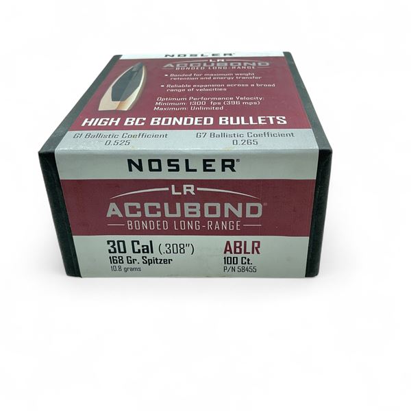 Nosler LR Accubond Bonded Long Range 30 Cal (.308") 168 Grain Spitzer Projectile, 100 Quantity