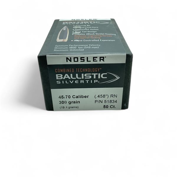 Nosler Ballistic Silvertip 45/70 Caliber (.458") 300 Grain RN Projectile, 50 Quantity