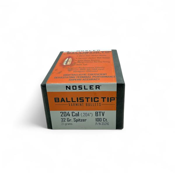 Nosler Ballistic Tip Varmint 204 Cal (.204") 32 Grain Spitzer BTV Projectile, 100 Quantity