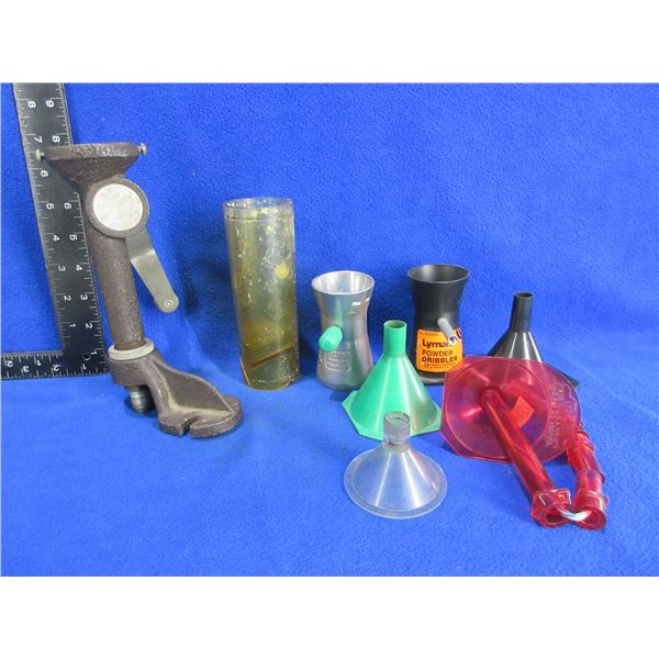 Lot of Misc. Reloading Equipment - Powder Measure, 4 Funnels, 2 Powder Tricklers