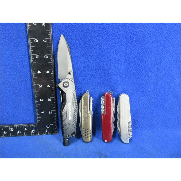 4 Folding Blade Pocket Knives - 3 are Swiss Style, 1 is Lock Blade Multi-Tool