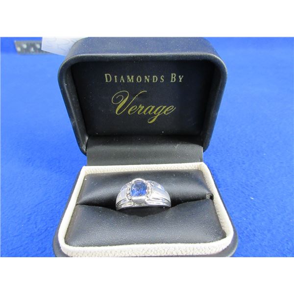 Mens 10K White Gold Ring with Stone and Tiny Diamonds in Case