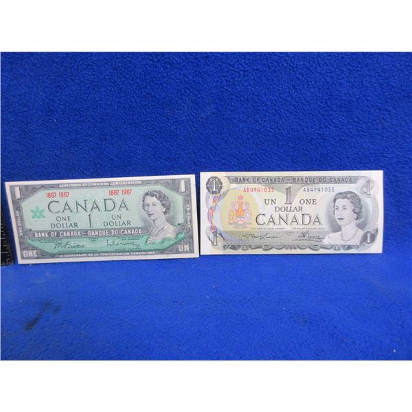 2 Canadian One Dollar Bills - 1967 and 1973