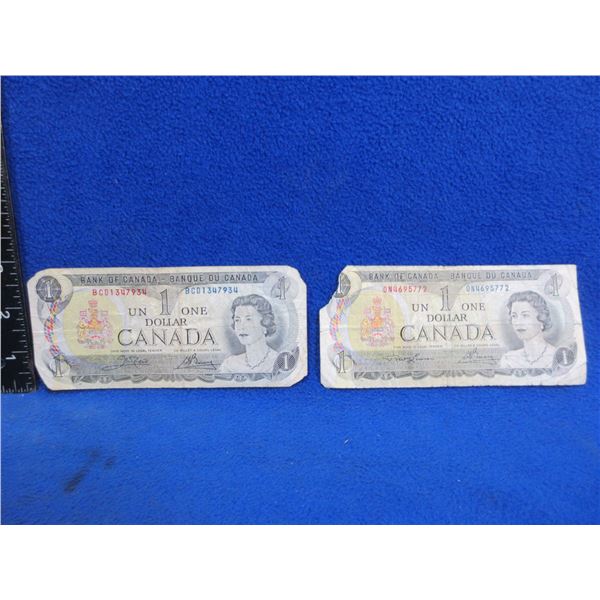 2 Canadian One Dollar Bills - Both 1973