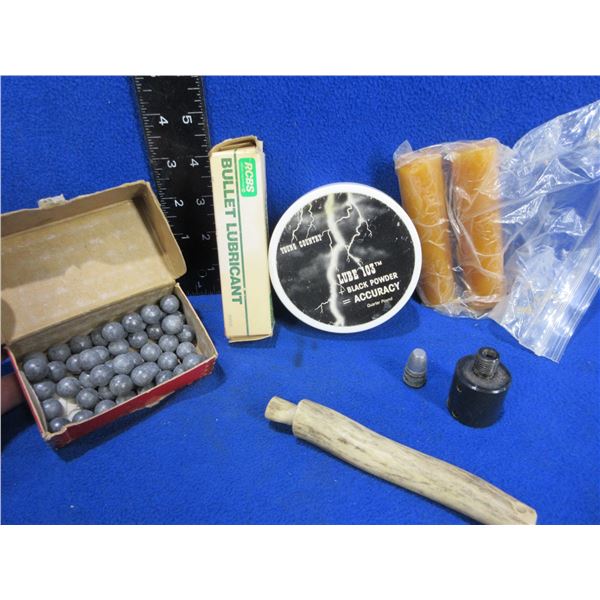 Lot of Misc. Muzzleloading Supplies - .445" Lead Balls (50), Lube, Powder Antler, Etc.