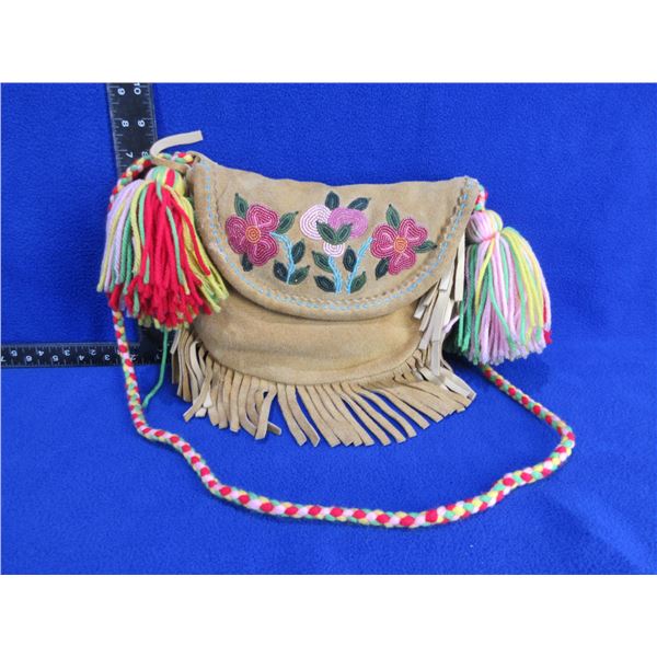 Native American Leather Purse with Beadwork, Fringes & Tassels