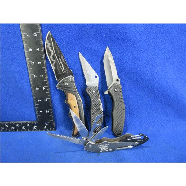 3 Folding Lock Blade Knives and a Swiss Style Knife